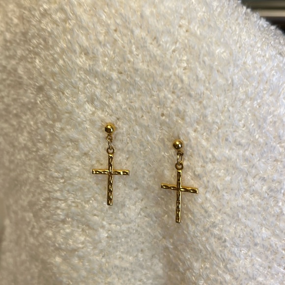 Gold Cross Earrings Jewelry - Beautiful Vintage Gold Cross Dangle Pierced Earrings